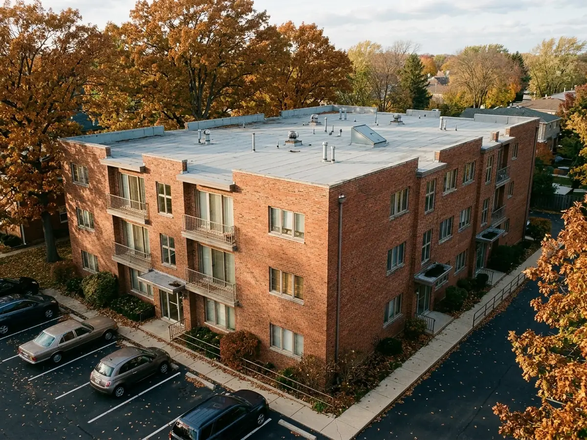 Brick three-story walk-up apartment building with a flat grey membrane roof, parapets and a roof hatch