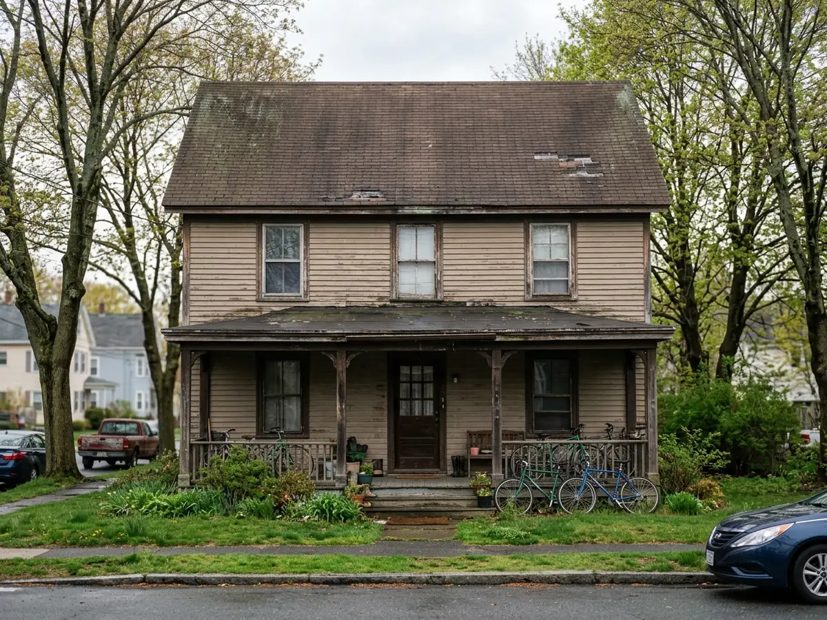 Older two-story rental house with a worn asphalt shingle roof and a low-slope roof over the front porch