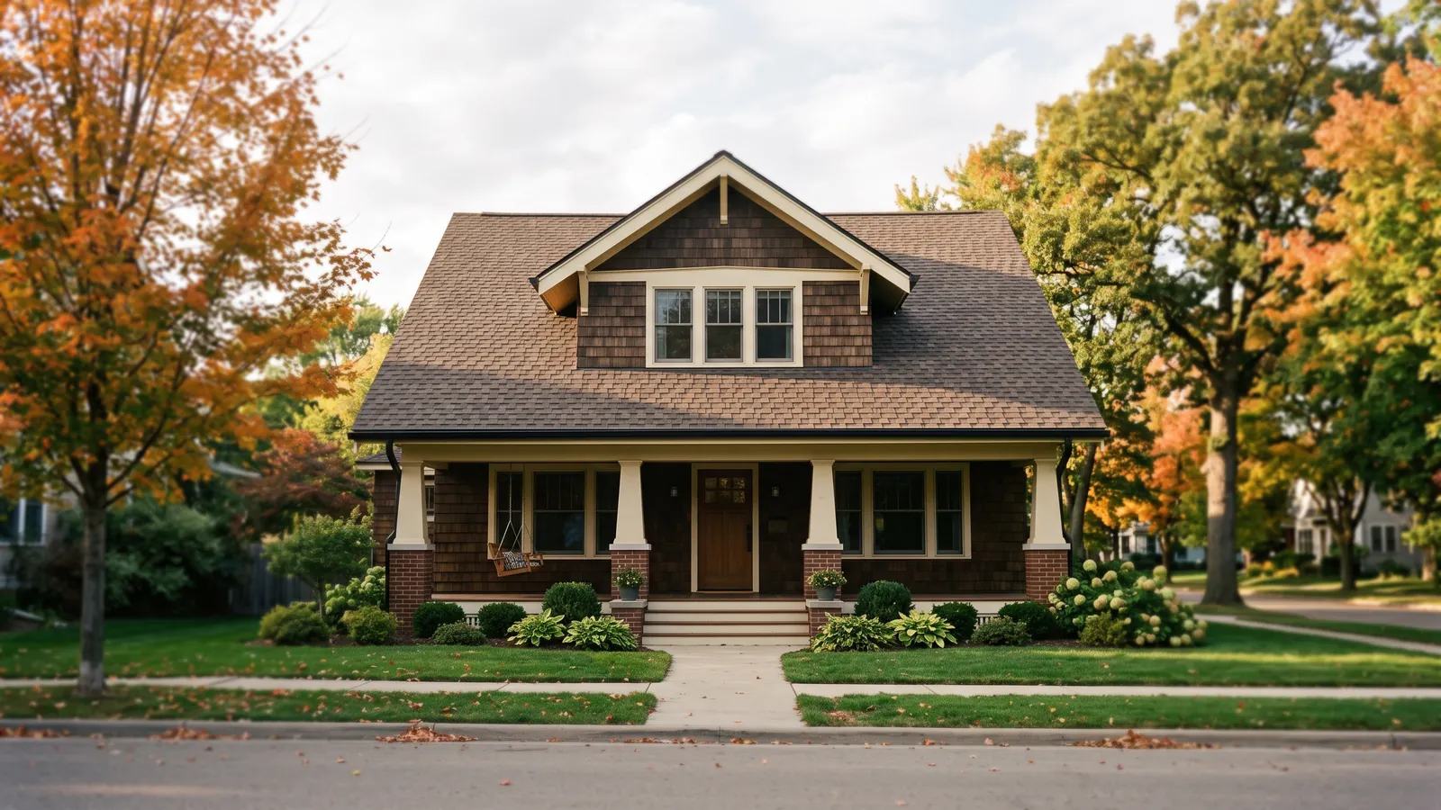 Two-story Craftsman house with a deep front porch and a new brown architectural shingle roof, autumn maples along the street