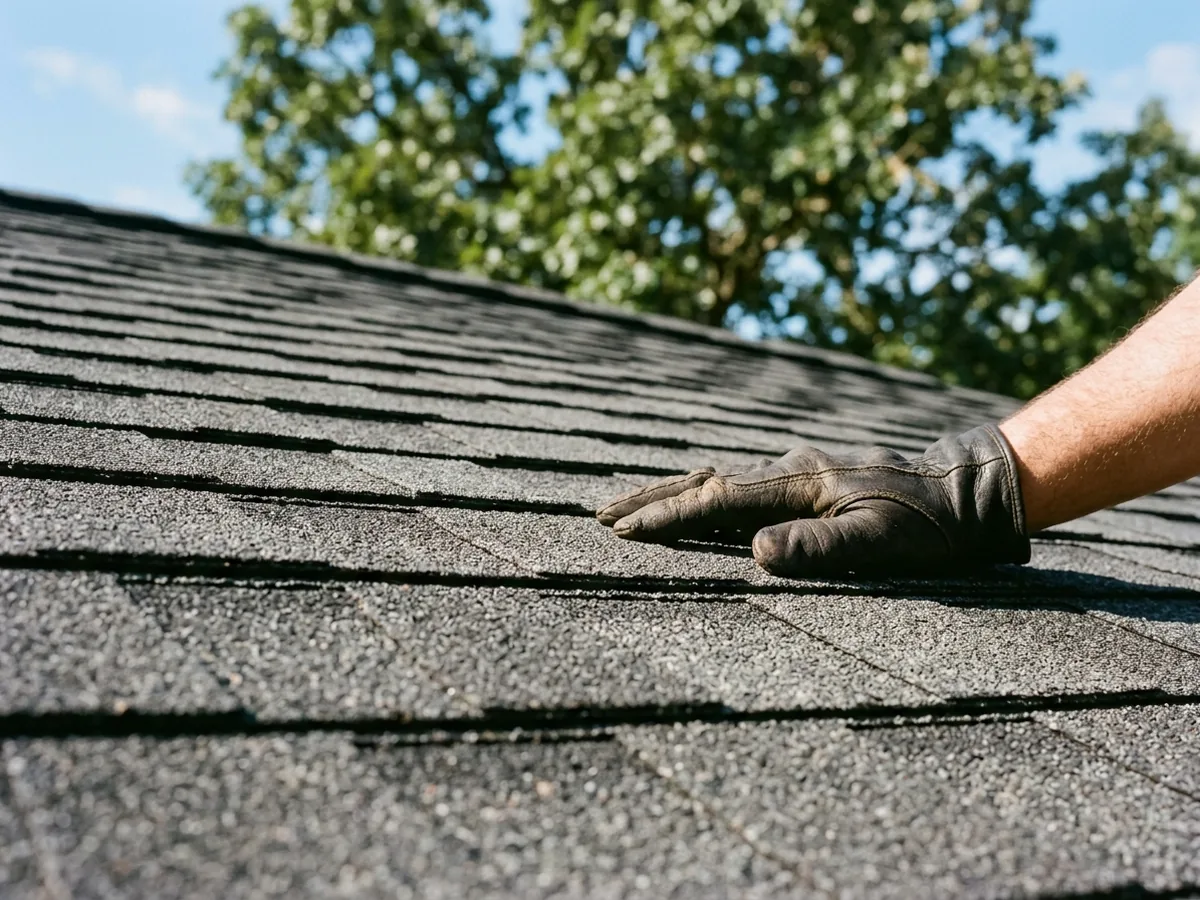 Gloved hand resting on a new charcoal impact-resistant architectural shingle on a freshly shingled roof slope