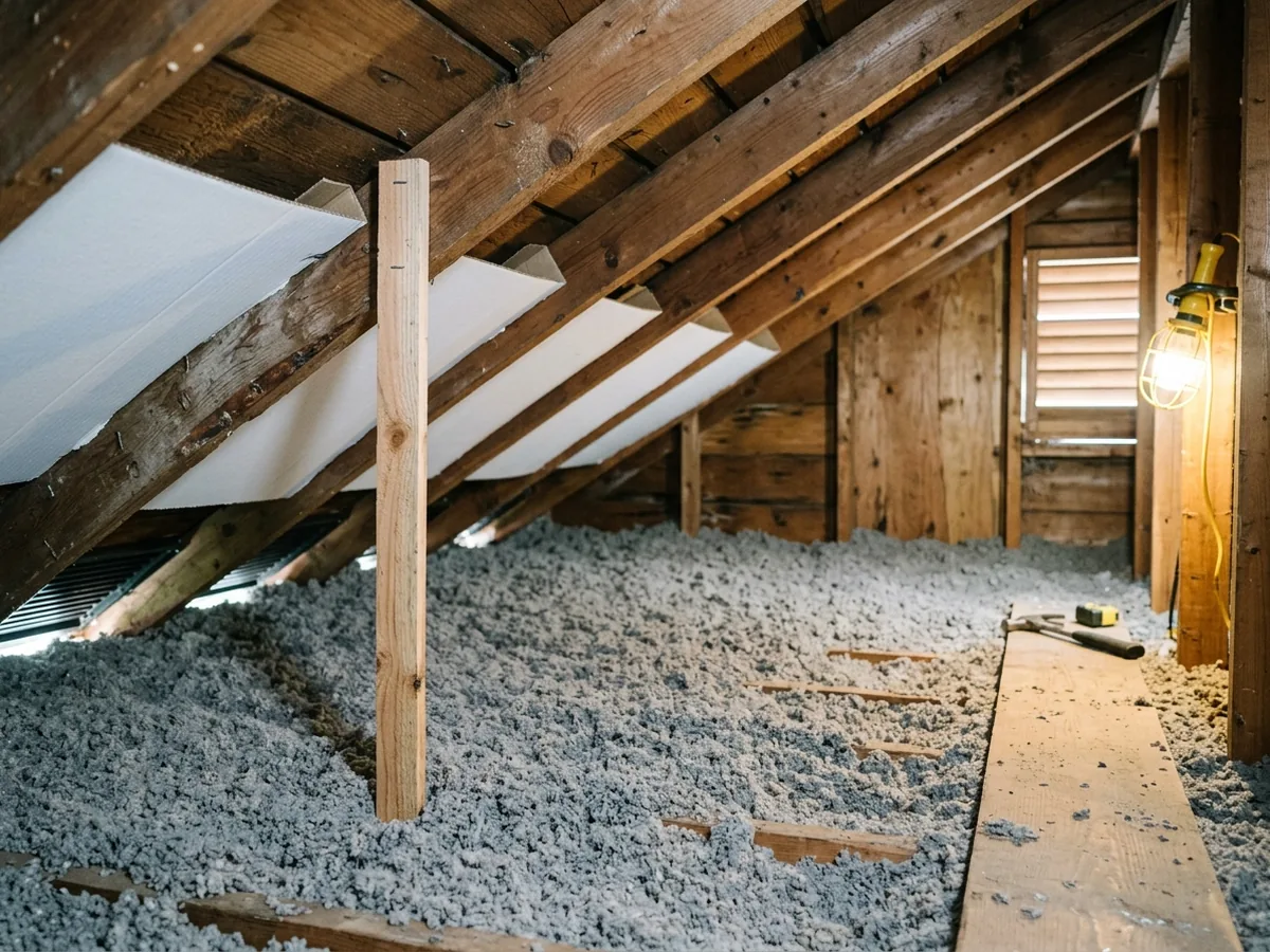 Thick layer of grey blown-in cellulose insulation covering attic floor joists with cardboard baffles at the eaves