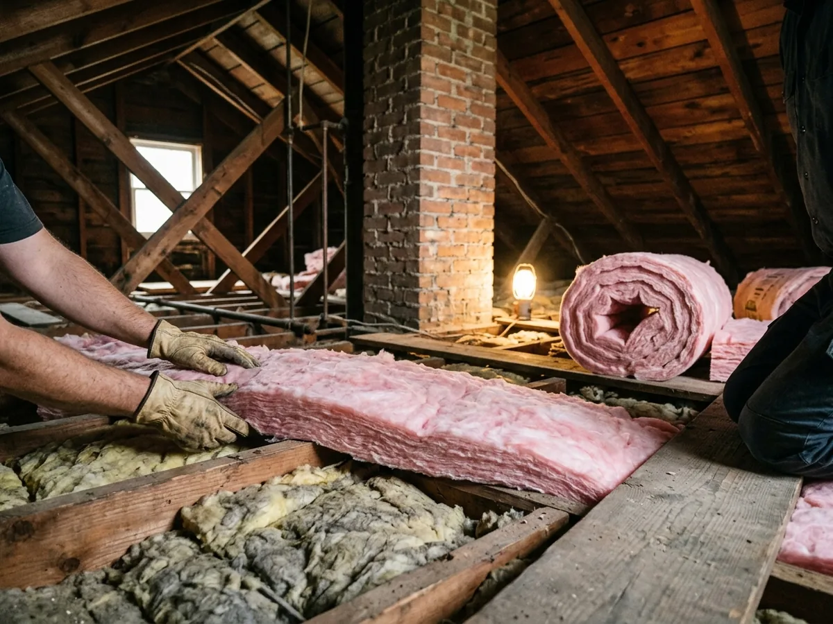 Gloved hands laying unfaced fiberglass batt insulation crosswise over existing insulation between attic joists