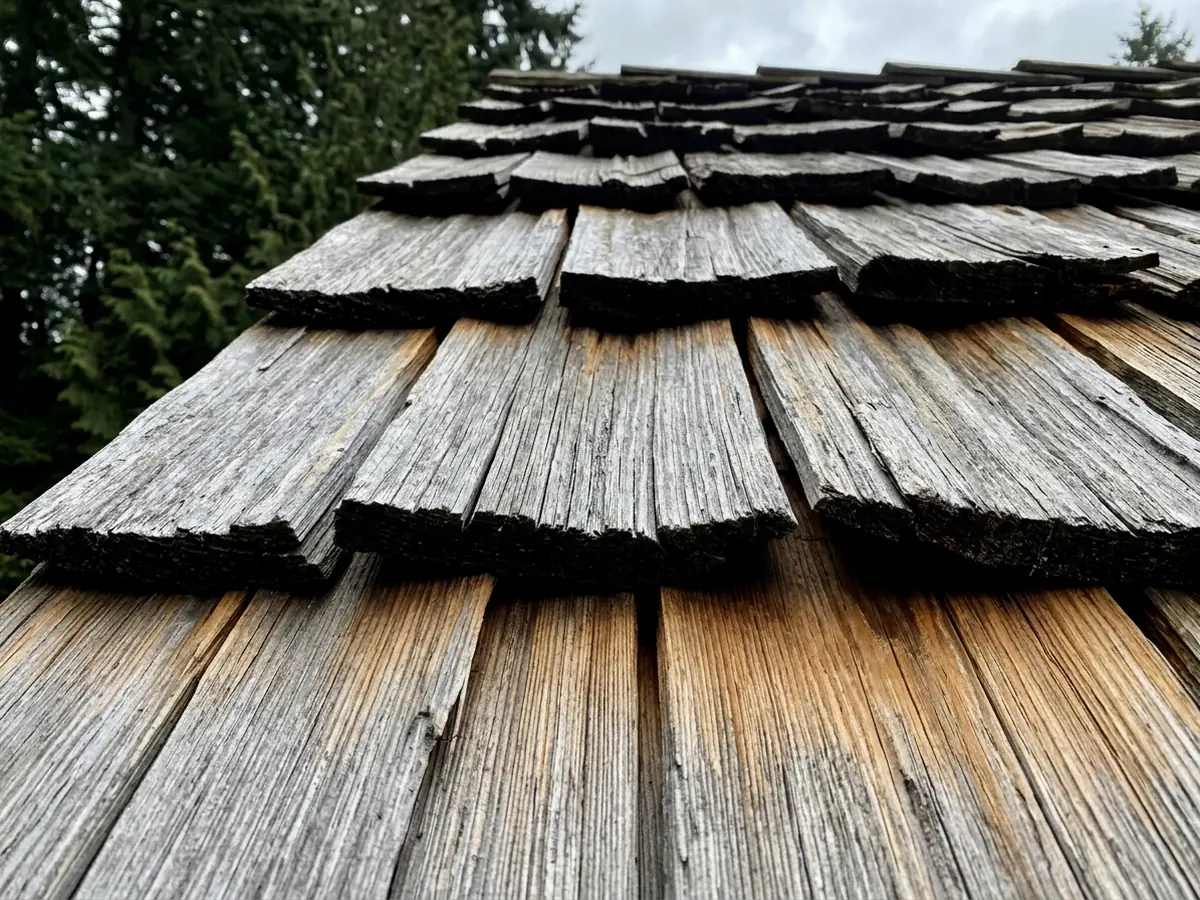 Close view of thick hand-split cedar shakes on a steep roof, rough grain and deep shadow lines, weathered to silver at the edges
