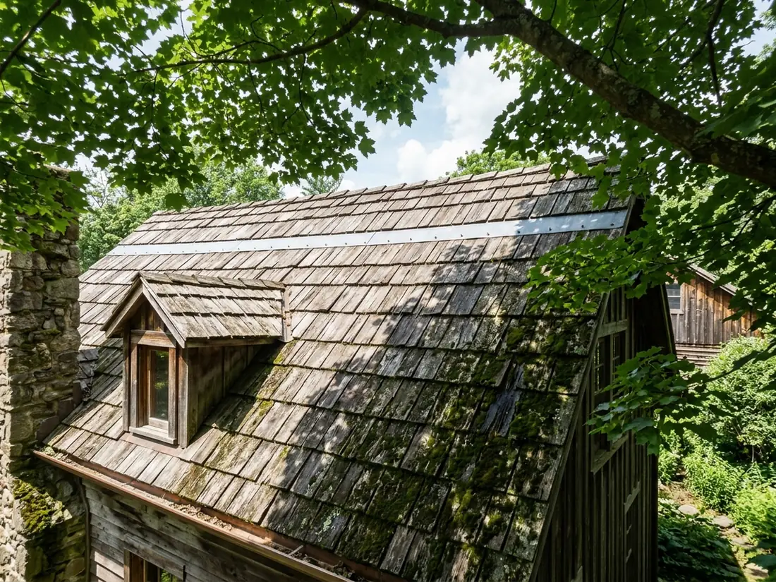 Weathered cedar shake roof with green moss in the shaded lower courses and a narrow zinc strip running along below the ridge