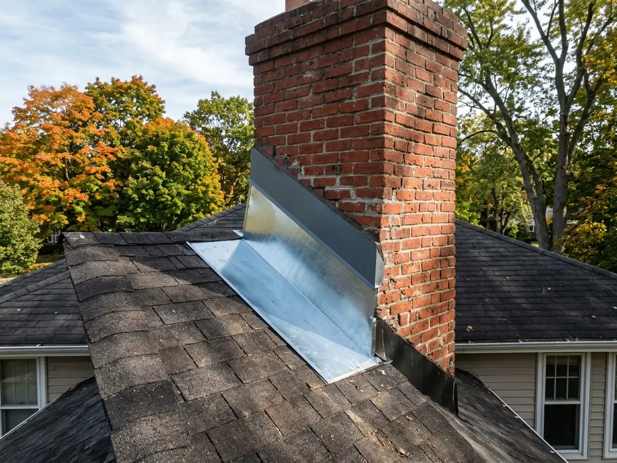 Small peaked sheet-metal cricket on the uphill side of a wide brick chimney on a dark shingle roof
