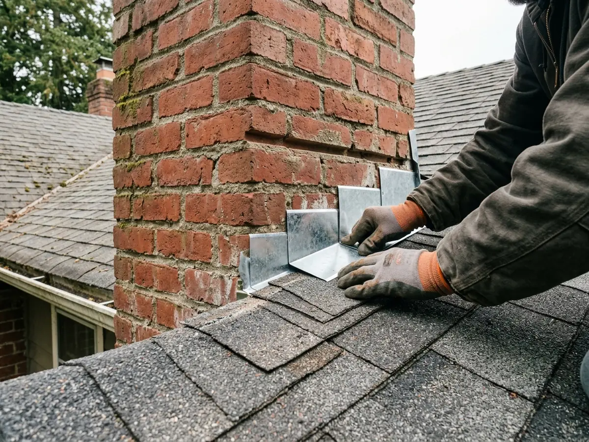 Gloved hands fitting L-shaped metal step flashing pieces between asphalt shingle courses beside a red brick chimney