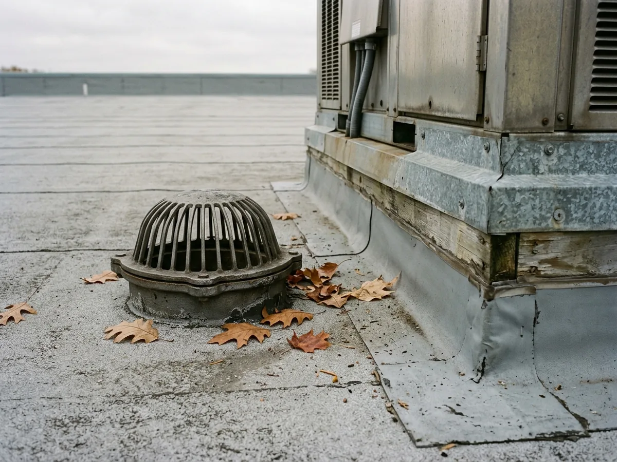 Roof drain with a dome strainer in a grey membrane roof beside a flashed curb under a rooftop unit