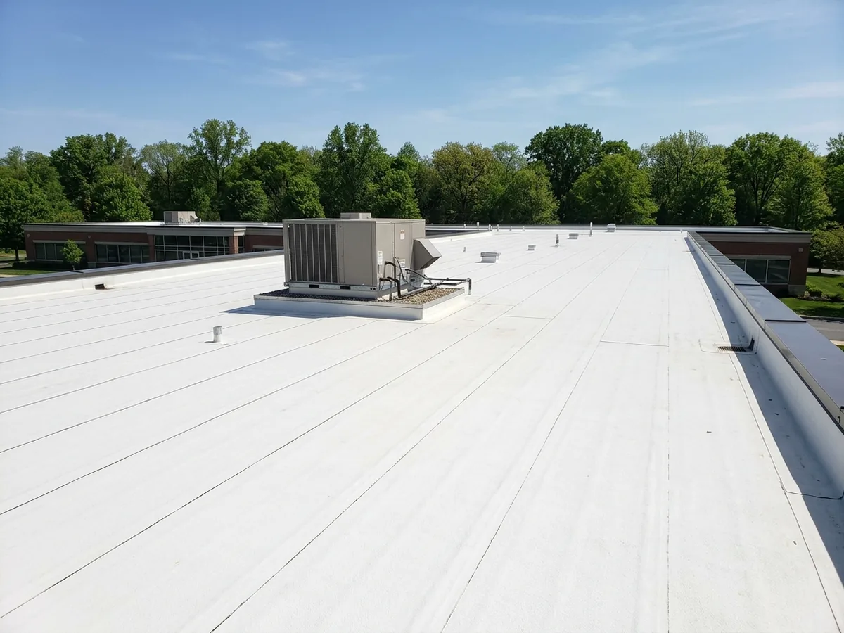 Wide white TPO membrane roof on a low office building with welded seams, metal edge and a rooftop HVAC unit