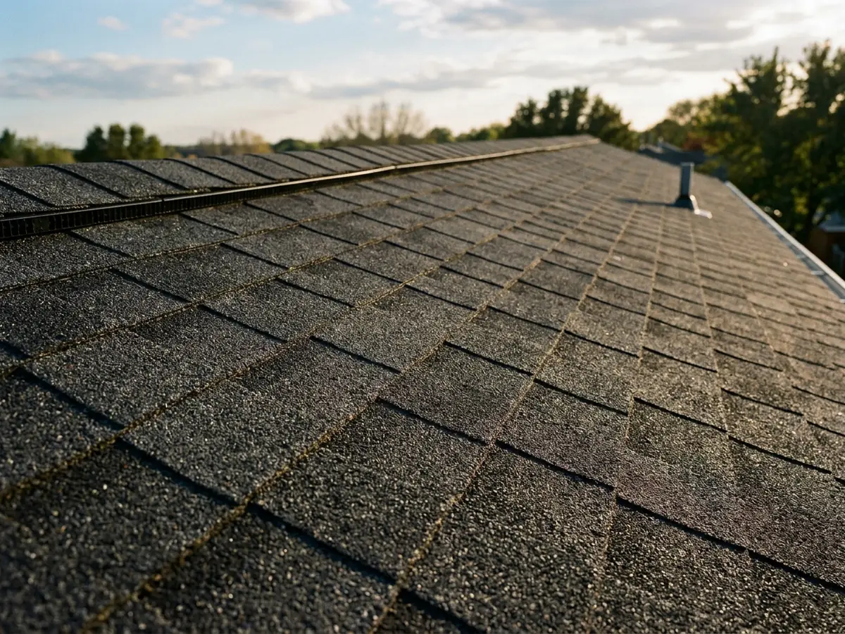 Close view of a new charcoal dimensional asphalt shingle roof with deep shadow lines running up to the ridge