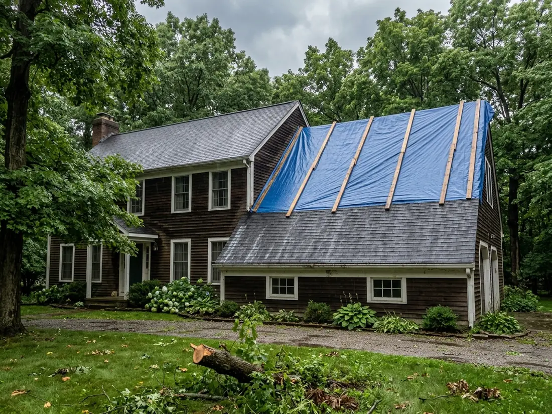 Blue fiber-reinforced tarp battened with wood strips over the ridge of a shingle roof on an older two-story house