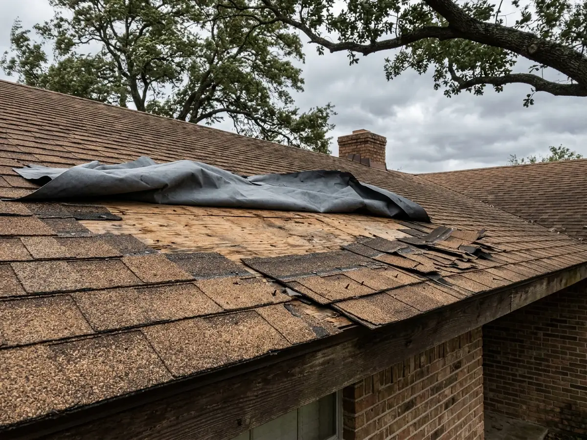 Section of torn-off asphalt shingles exposing bare plywood roof decking and loose underlayment after a windstorm
