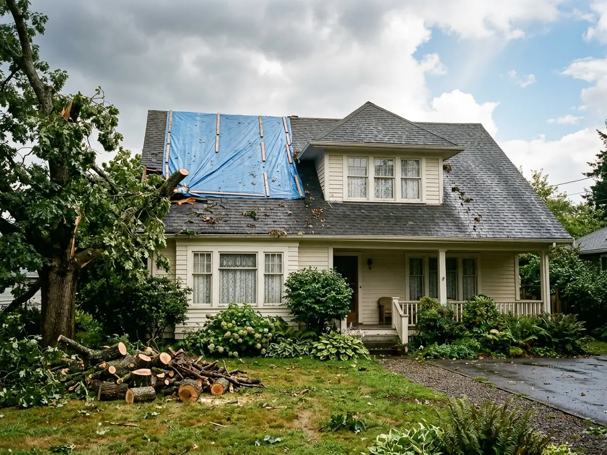 Two-story older house with a blue tarp battened over a section of its shingle roof after a fallen tree limb was cut away