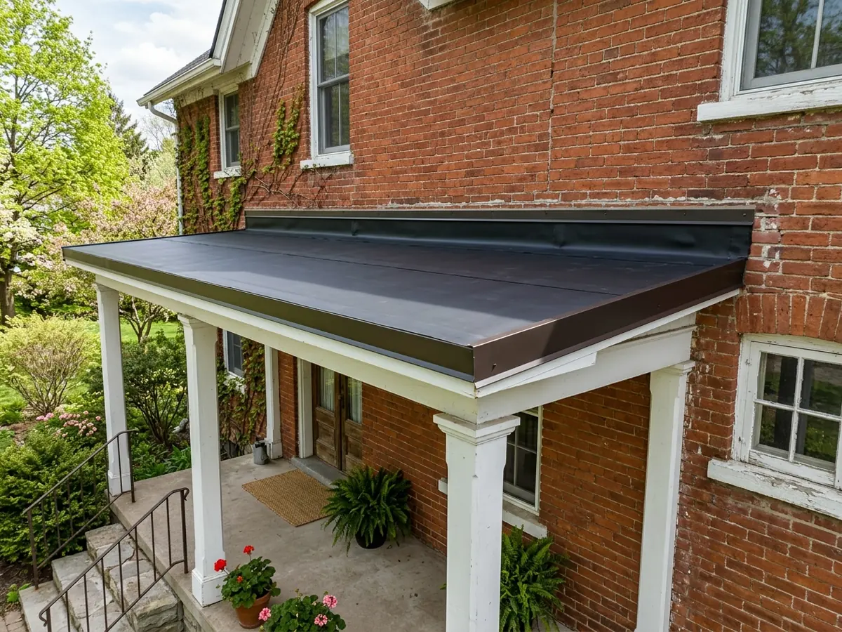 Black EPDM rubber membrane roof over a front porch of an older brick house, with a metal drip edge along the front