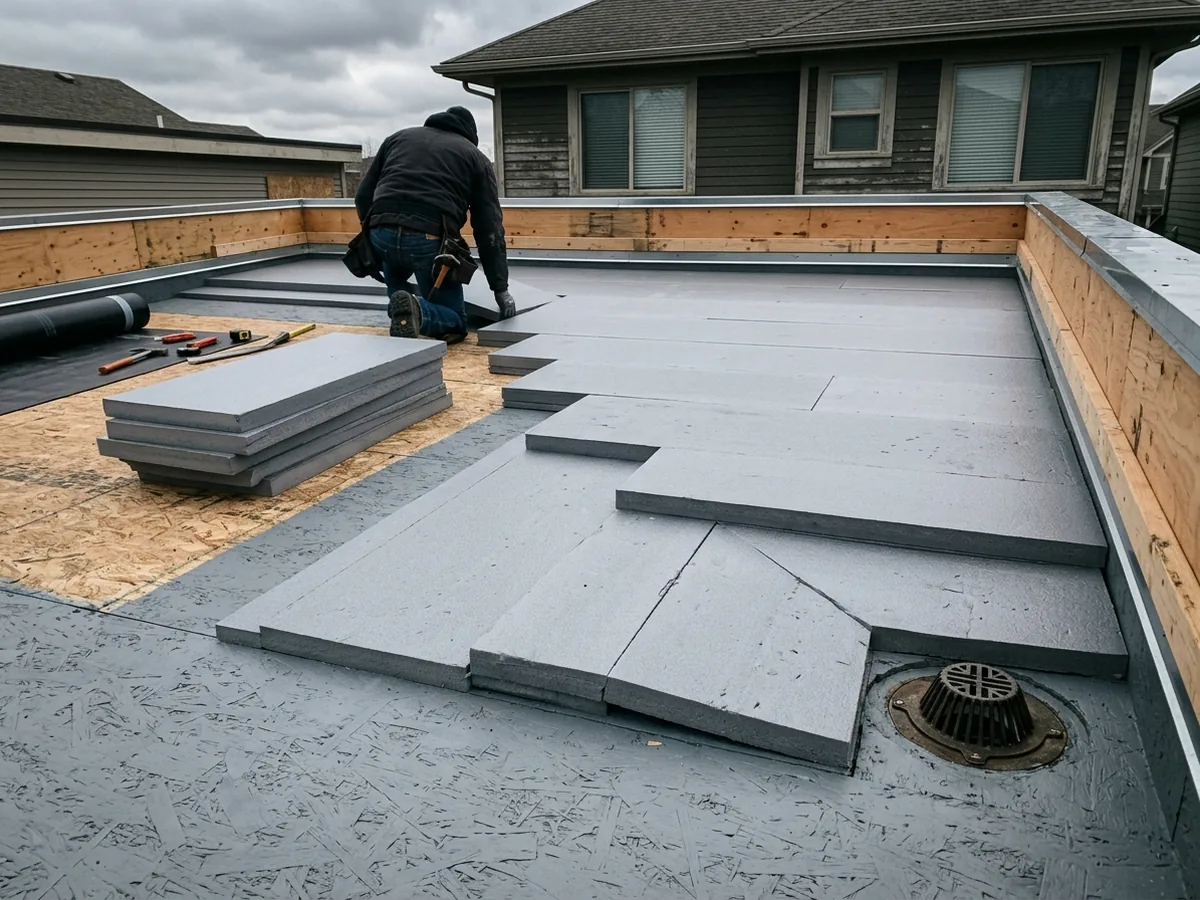 Grey tapered polyiso insulation boards laid in a stepped pattern sloping toward a roof drain on a flat roof deck