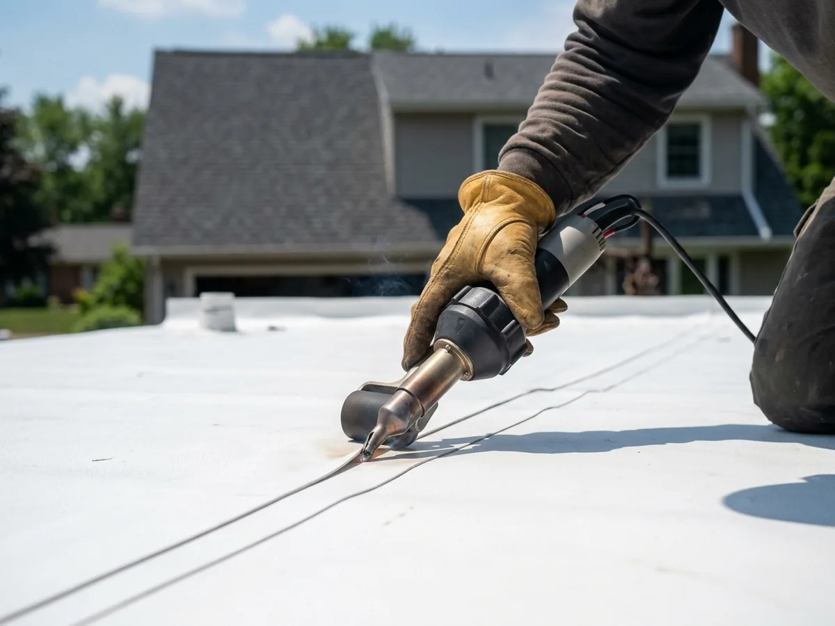 Gloved hand guiding a hot-air welder along the overlapping seam of a white TPO roof membrane
