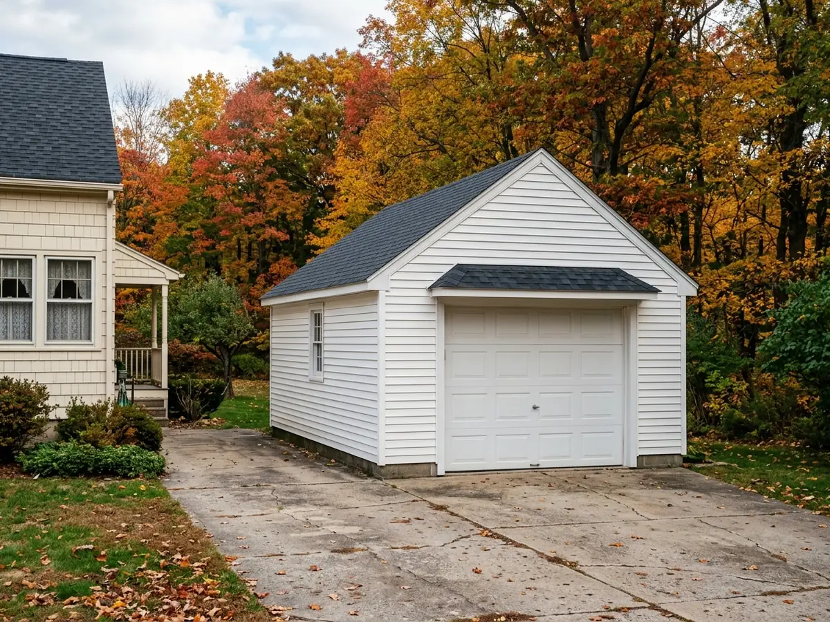 Detached two-car garage behind a 1940s house with new charcoal architectural shingles on a simple gable roof