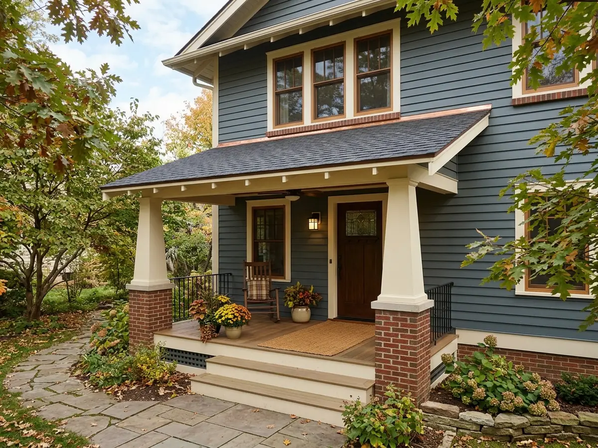 Craftsman bungalow front porch with a new shingled shed roof tied into the house wall below the upper windows