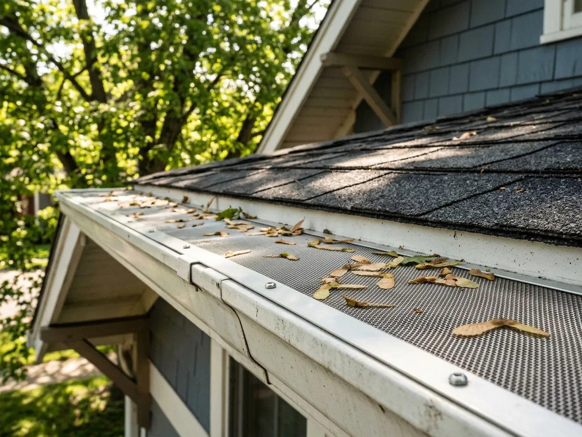 Stainless micro-mesh gutter guard over a white aluminum gutter with maple seeds resting on top