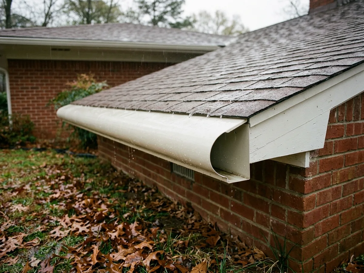 Aluminum reverse-curve gutter hood on a brick ranch house, rain curling around its rounded front edge
