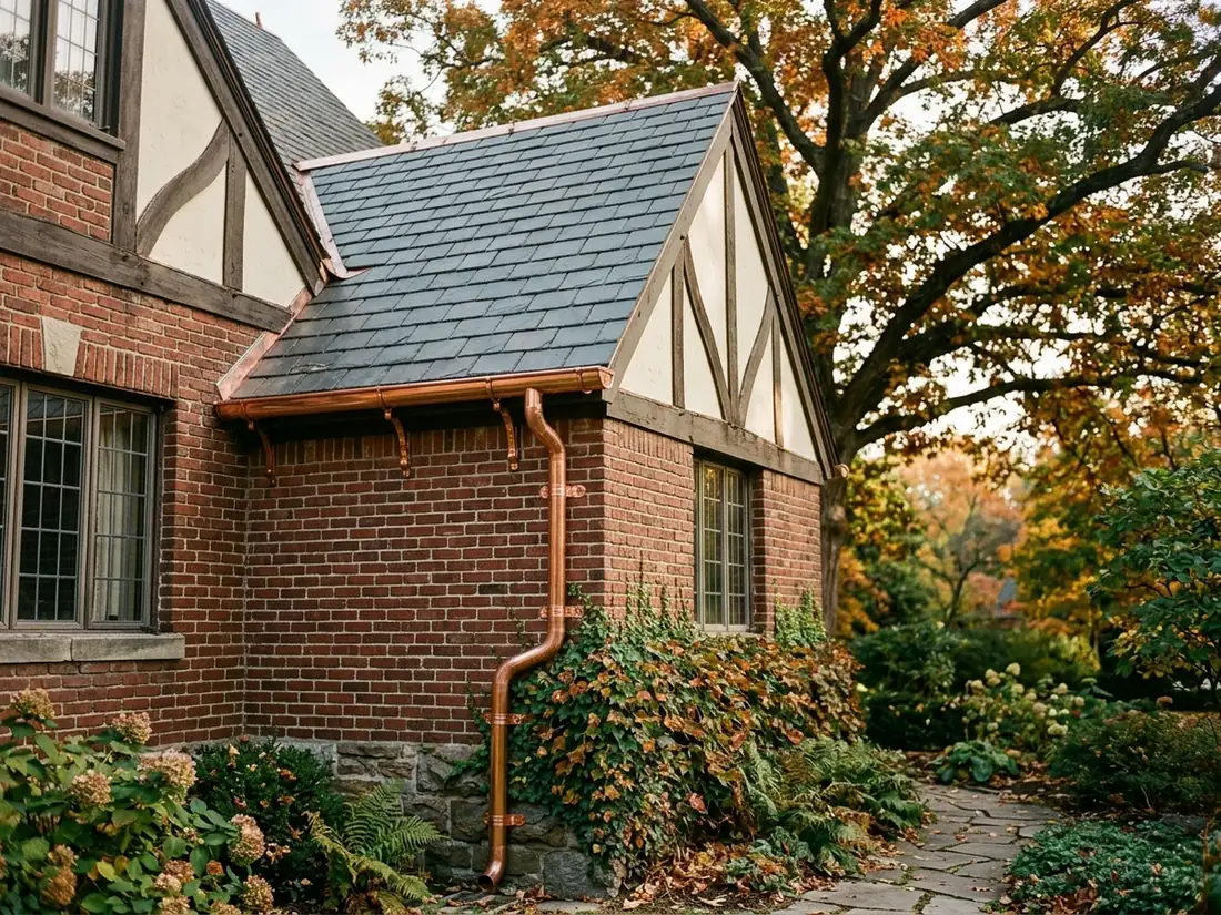 Copper half-round gutter and round copper downspout on the corner of a brick Tudor Revival house