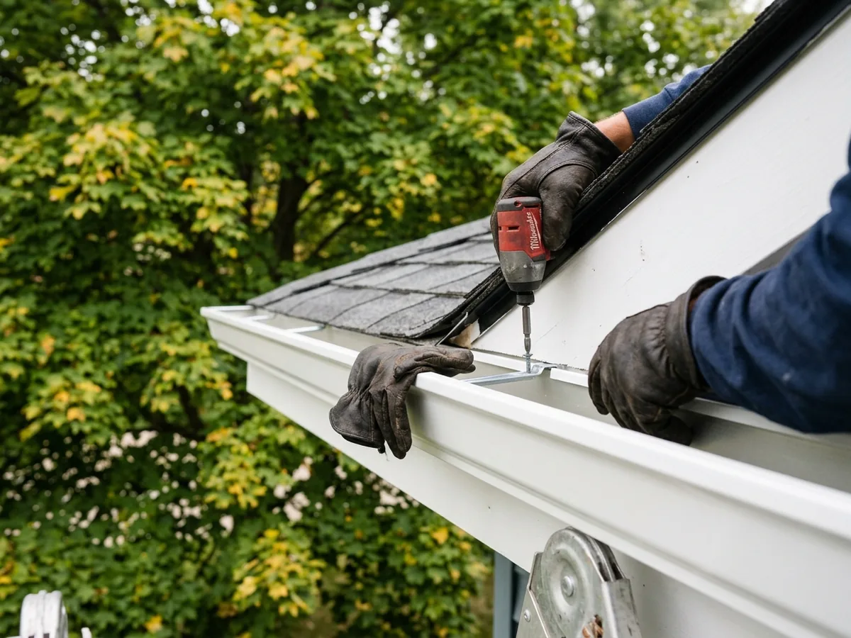 Gloved hands fastening a white seamless aluminum K-style gutter to a painted fascia board under a shingle roof edge