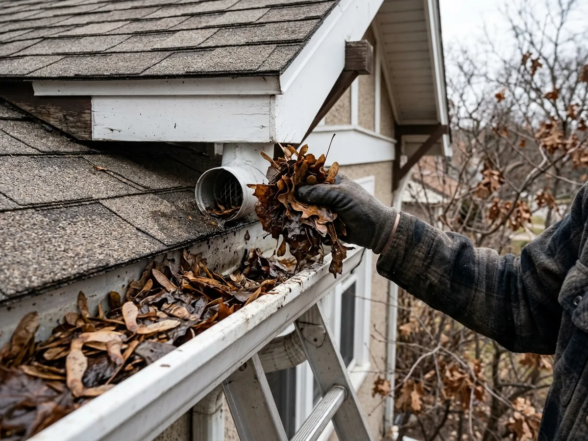 Gloved hand lifting wet oak leaves and maple seeds out of a clogged gutter next to a downspout outlet