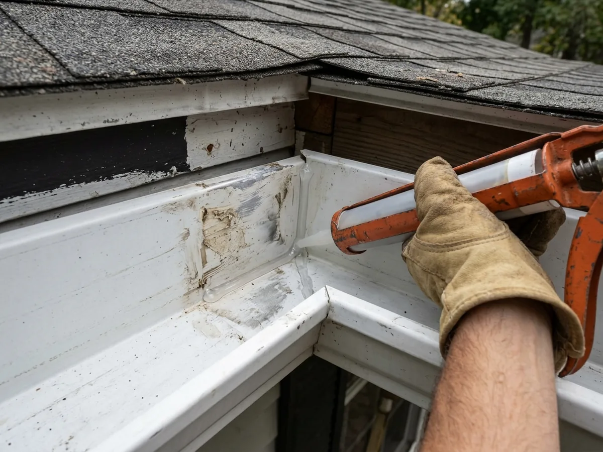 Gloved hand running a bead of clear sealant along the inside seam of an aluminum gutter corner