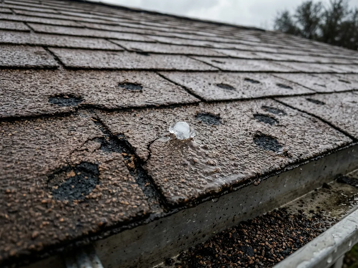 Weathered brown asphalt shingles with round dark bruises where hail knocked off the granules, loose granules in the gutter