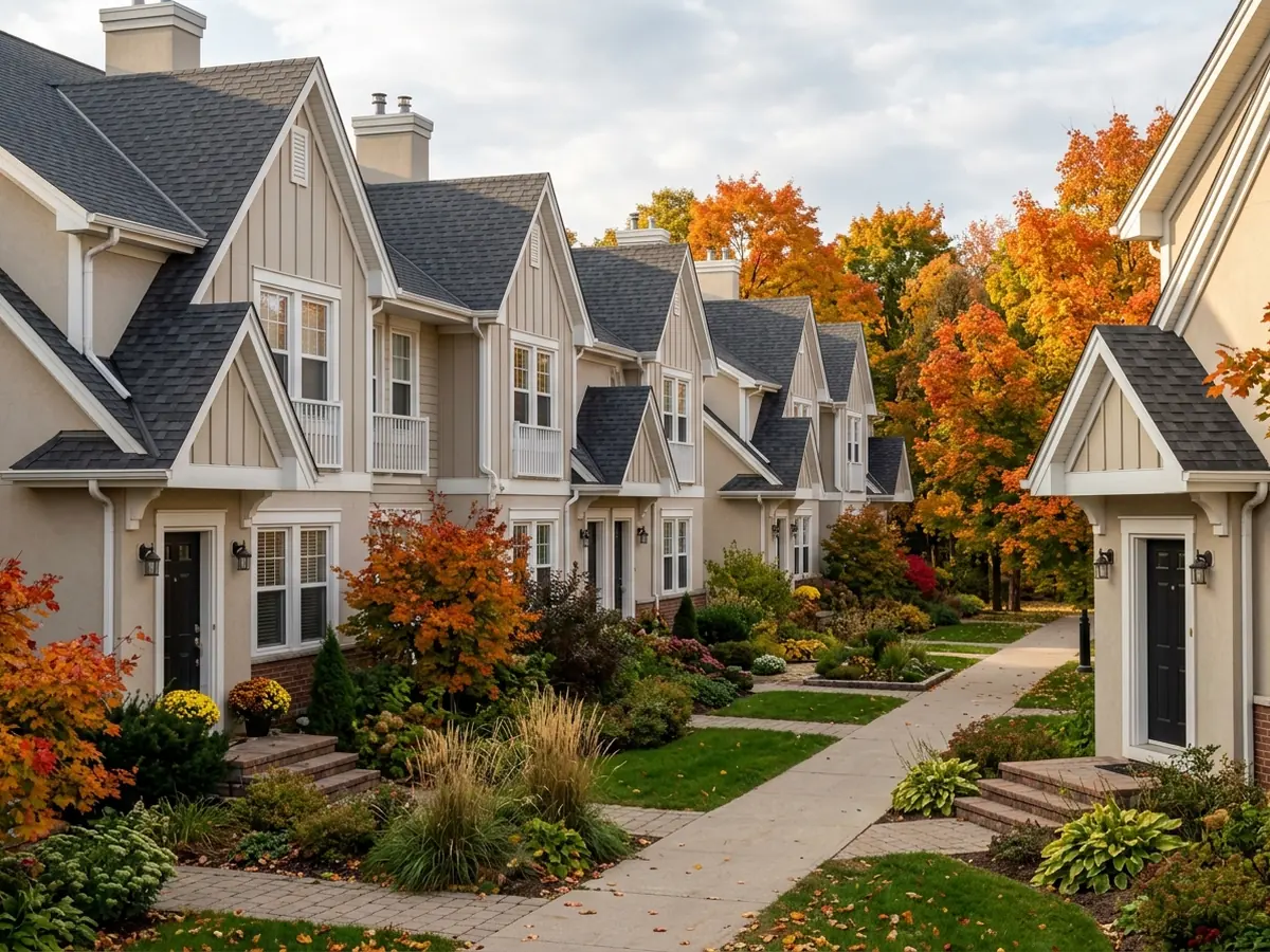 Row of attached two-story condo townhouses with matching charcoal shingle roofs and repeating gables