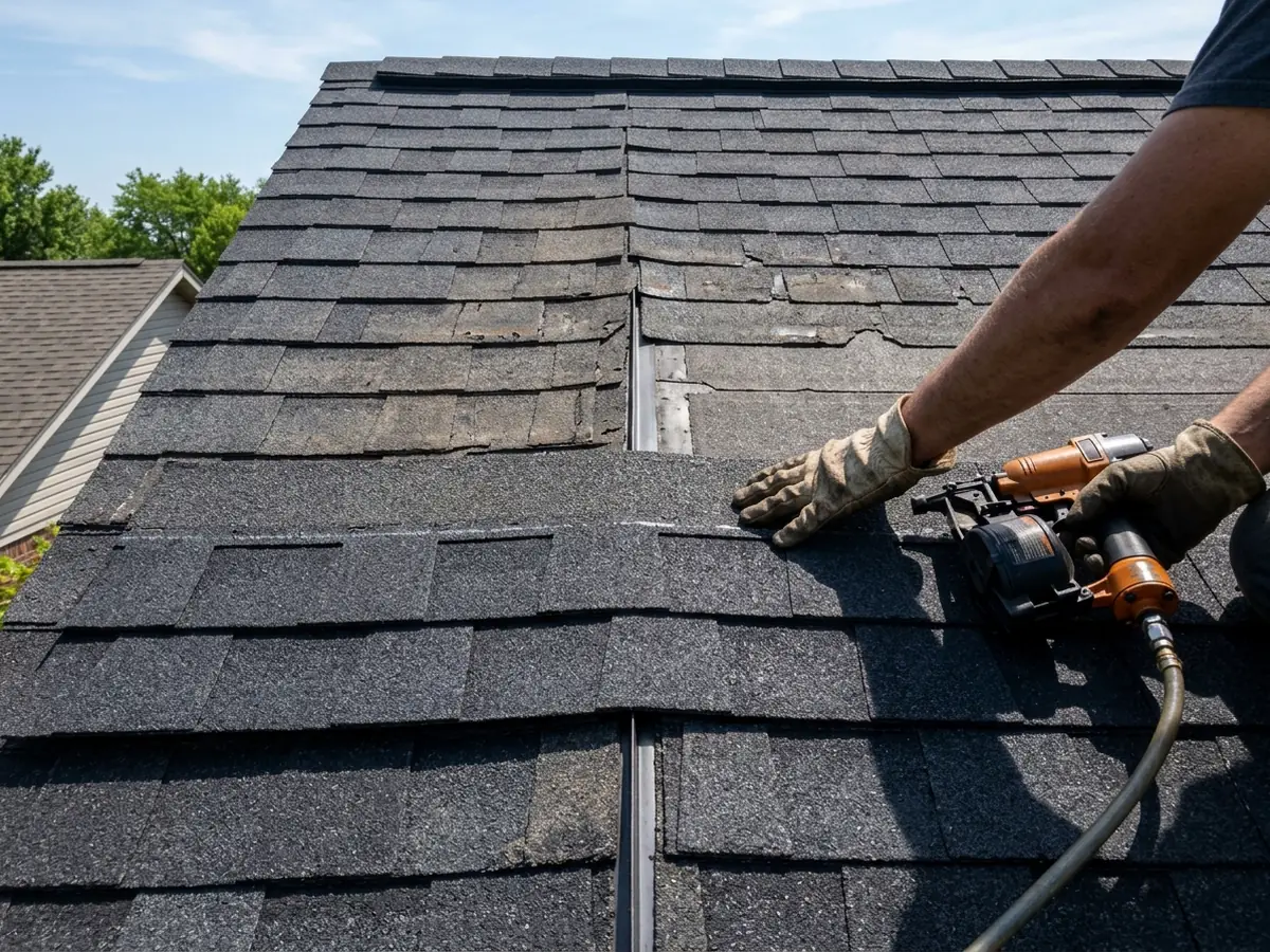 Gloved hands laying new shingles across the shared ridge of two attached condo units, old meeting new
