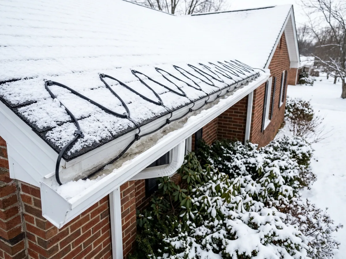 Zigzag roof heat cable clipped along the lower edge of a snowy asphalt shingle roof above an aluminum gutter
