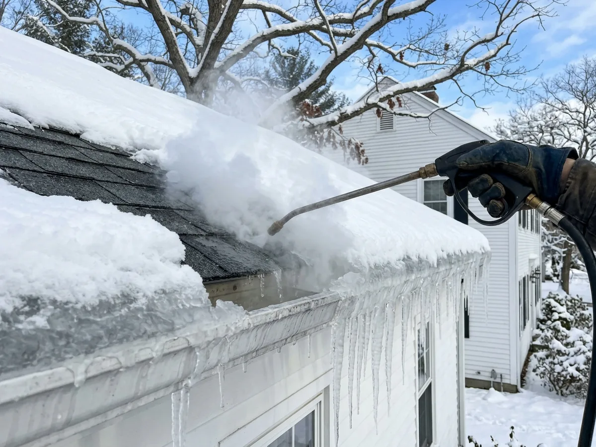 Gloved hand holding a steam wand that cuts a channel through a thick ice dam along the eave and gutter of a snowy shingle roof
