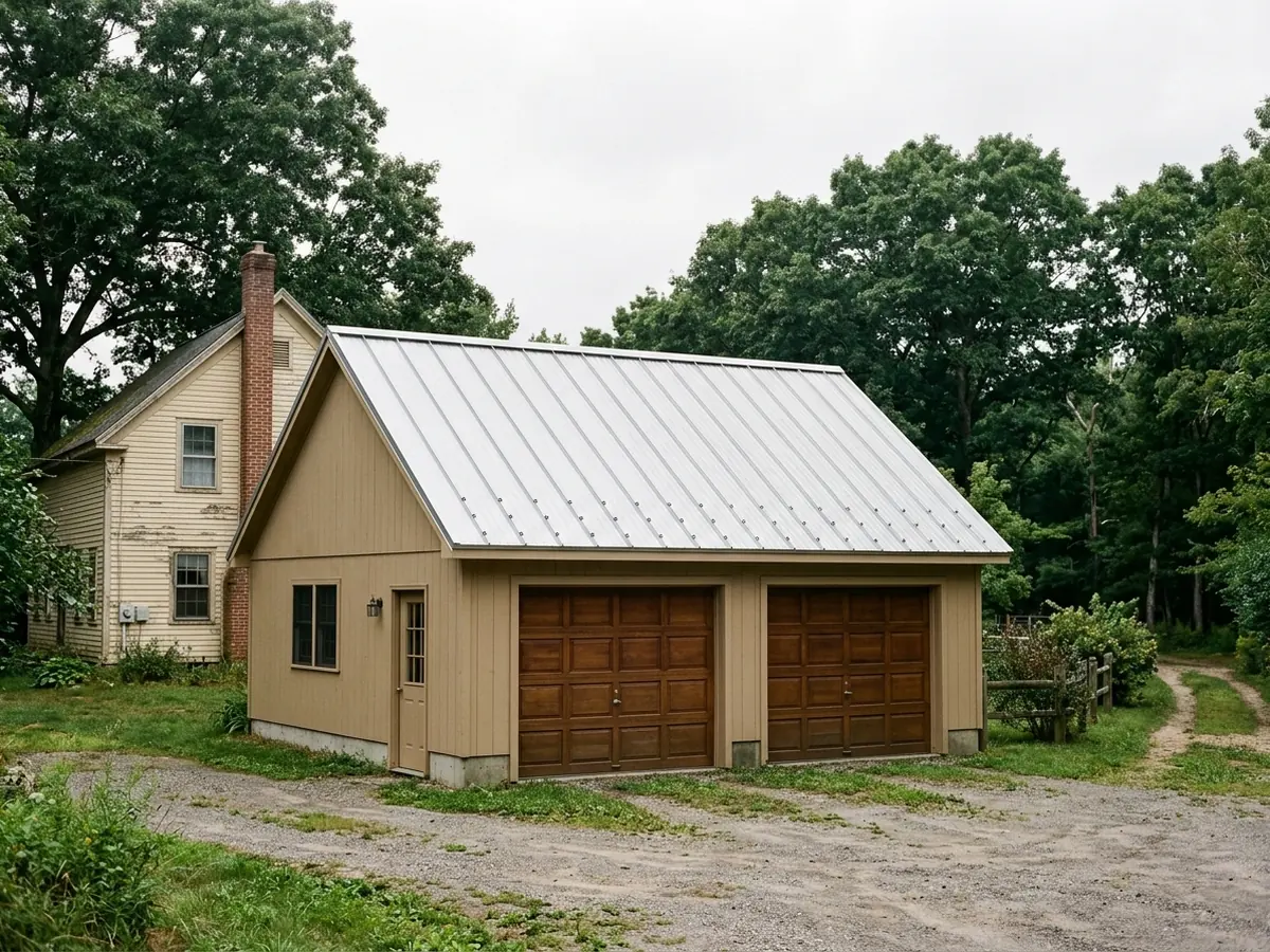 Detached garage with a ribbed galvalume exposed-fastener metal roof, rows of screws with washers visible along the ribs