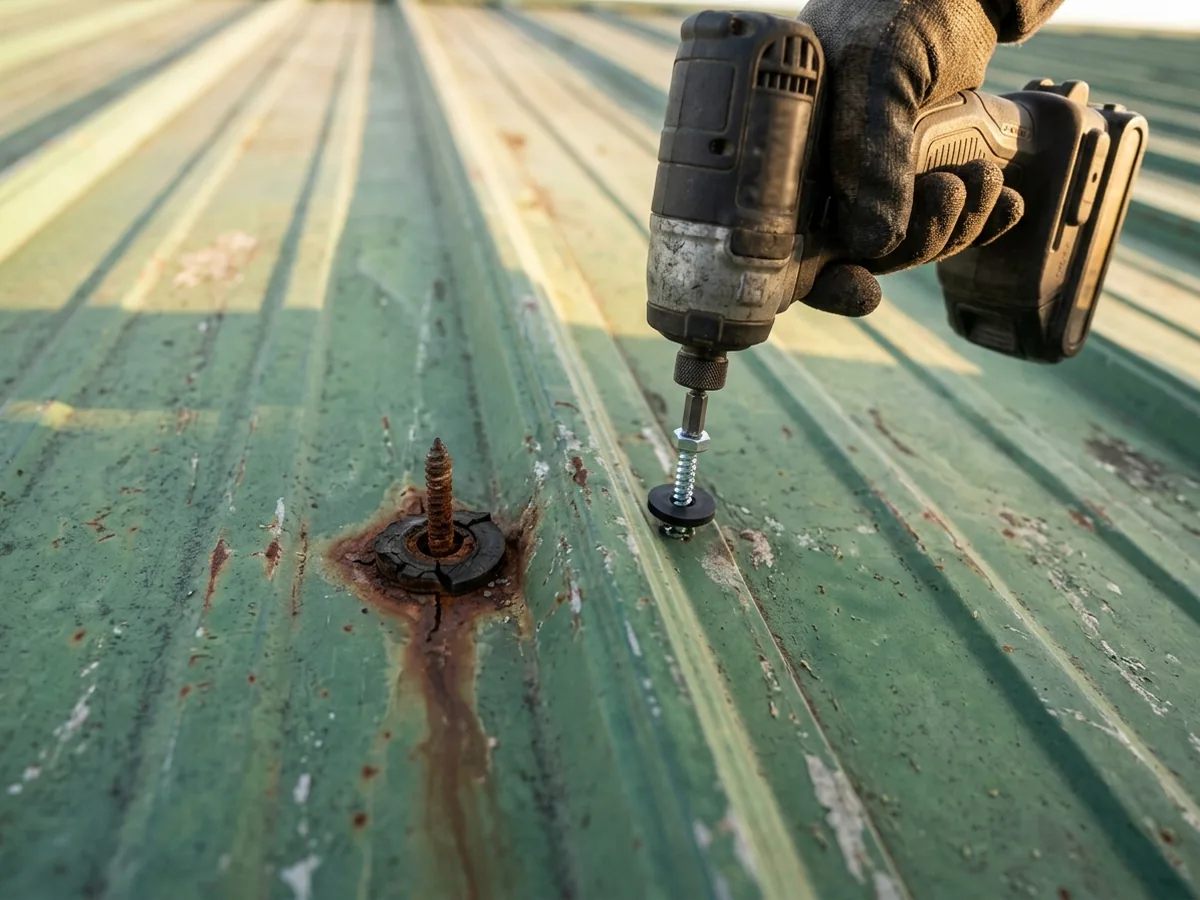 Gloved hand driving a new screw with a fresh rubber washer into a ribbed metal roof panel beside a rusted old screw