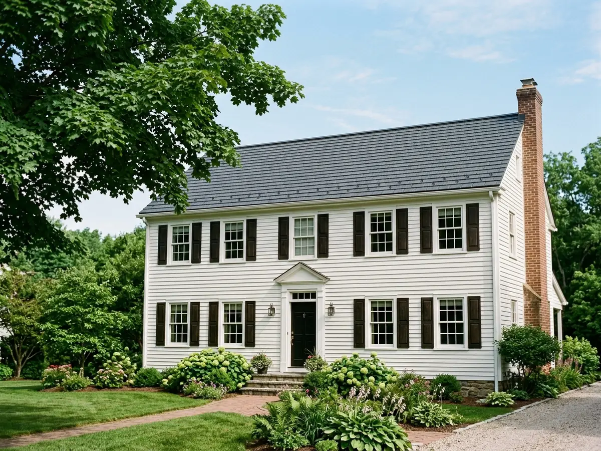 Colonial house with a charcoal stamped steel shingle roof that imitates slate, maple branches at the edge of the frame