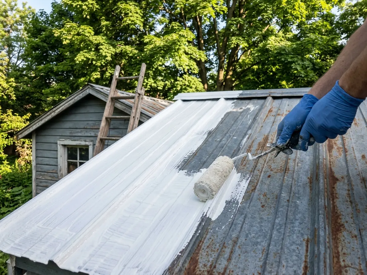 Gloved hands rolling white elastomeric coating over a faded, lightly rusted ribbed metal roof on a detached garage