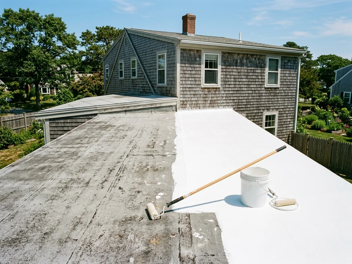Roller spreading white silicone coating over an aged grey flat roof on a rear addition, half already coated