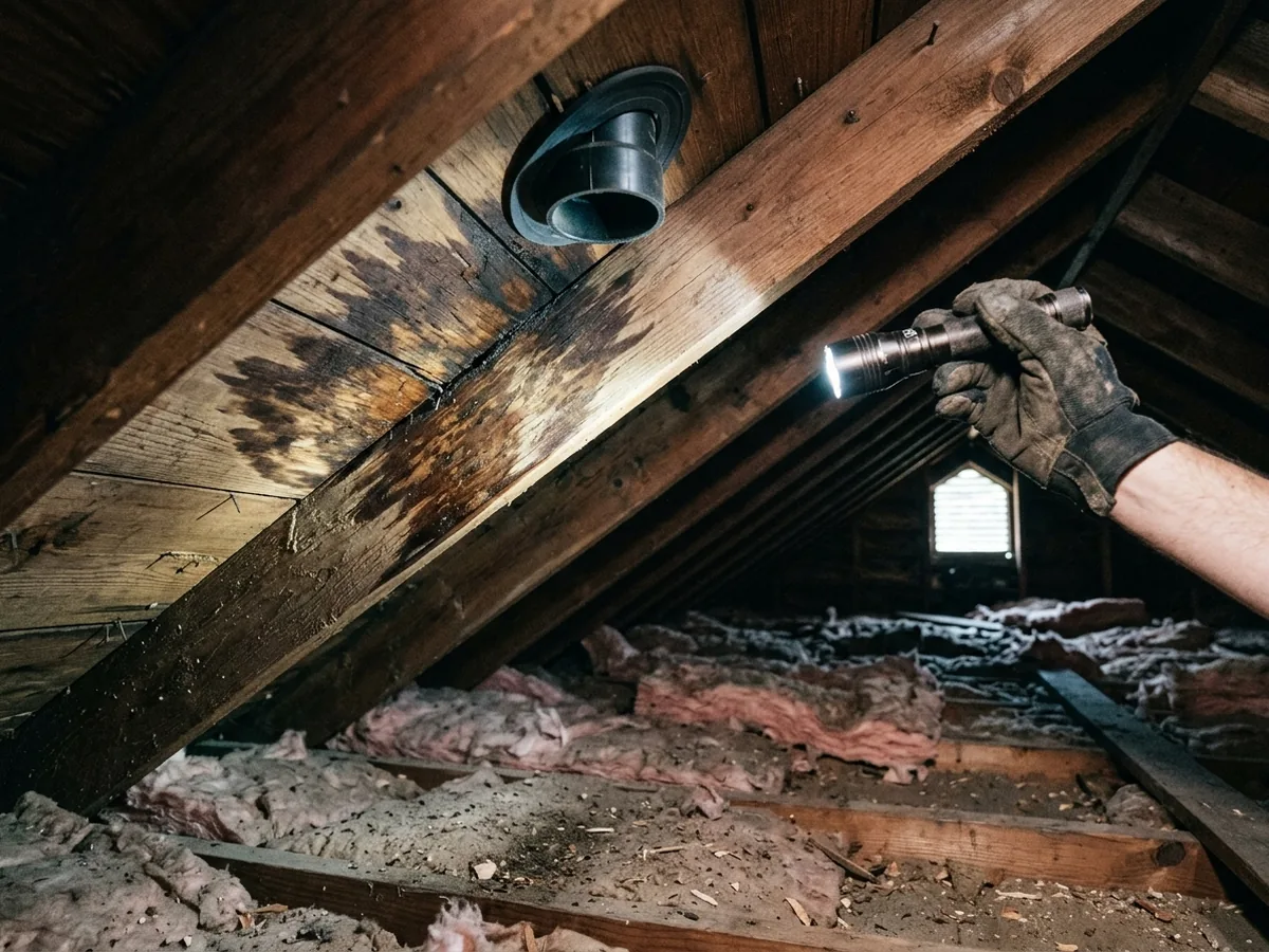 Flashlight beam in an attic lighting a dark water stain on the underside of the roof deck near a vent pipe