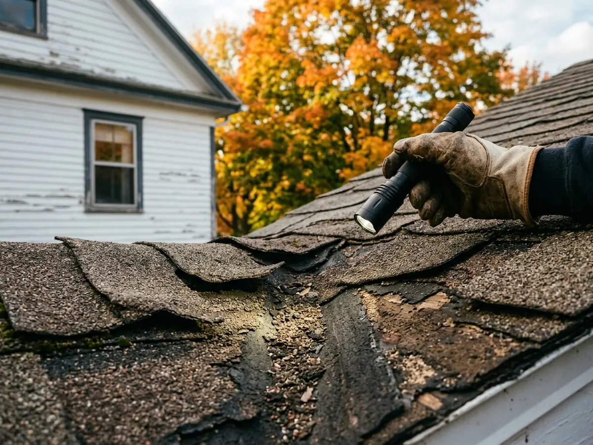 Gloved hand pointing a flashlight at curled, granule-worn asphalt shingles on an older colonial house roof