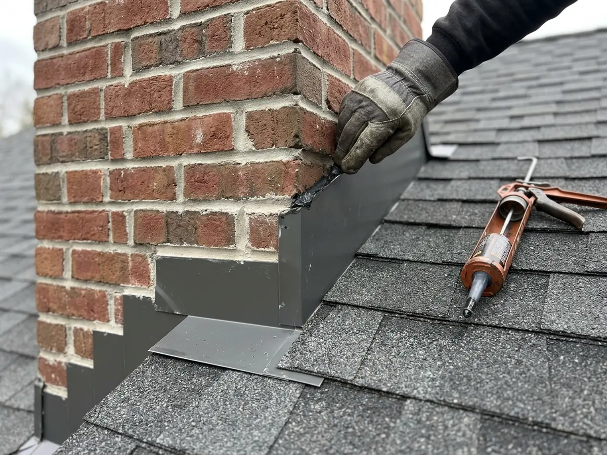 Brick chimney meeting a grey shingle roof with new step and counter flashing, a gloved hand sealing the top corner