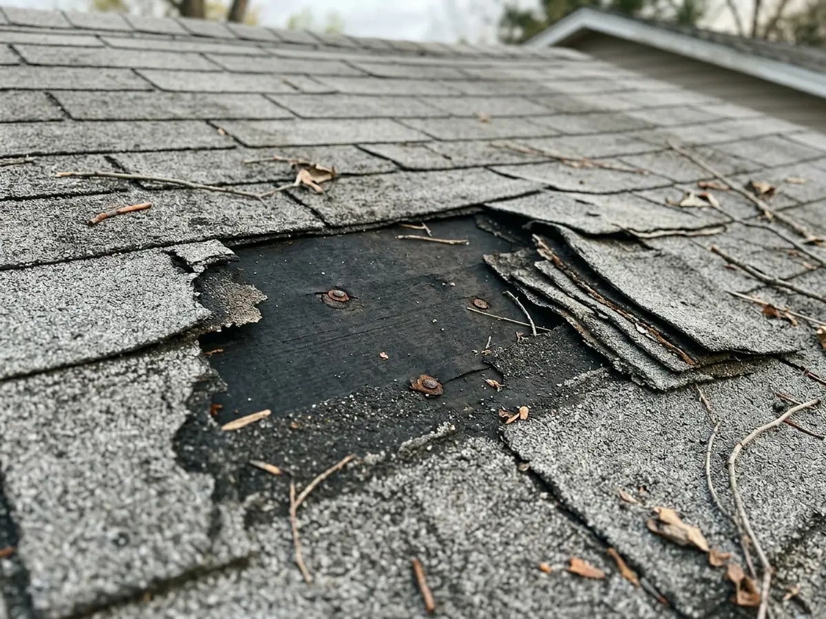 Gap in an asphalt shingle roof where two tabs blew off, exposing black felt and nail heads beside creased shingles