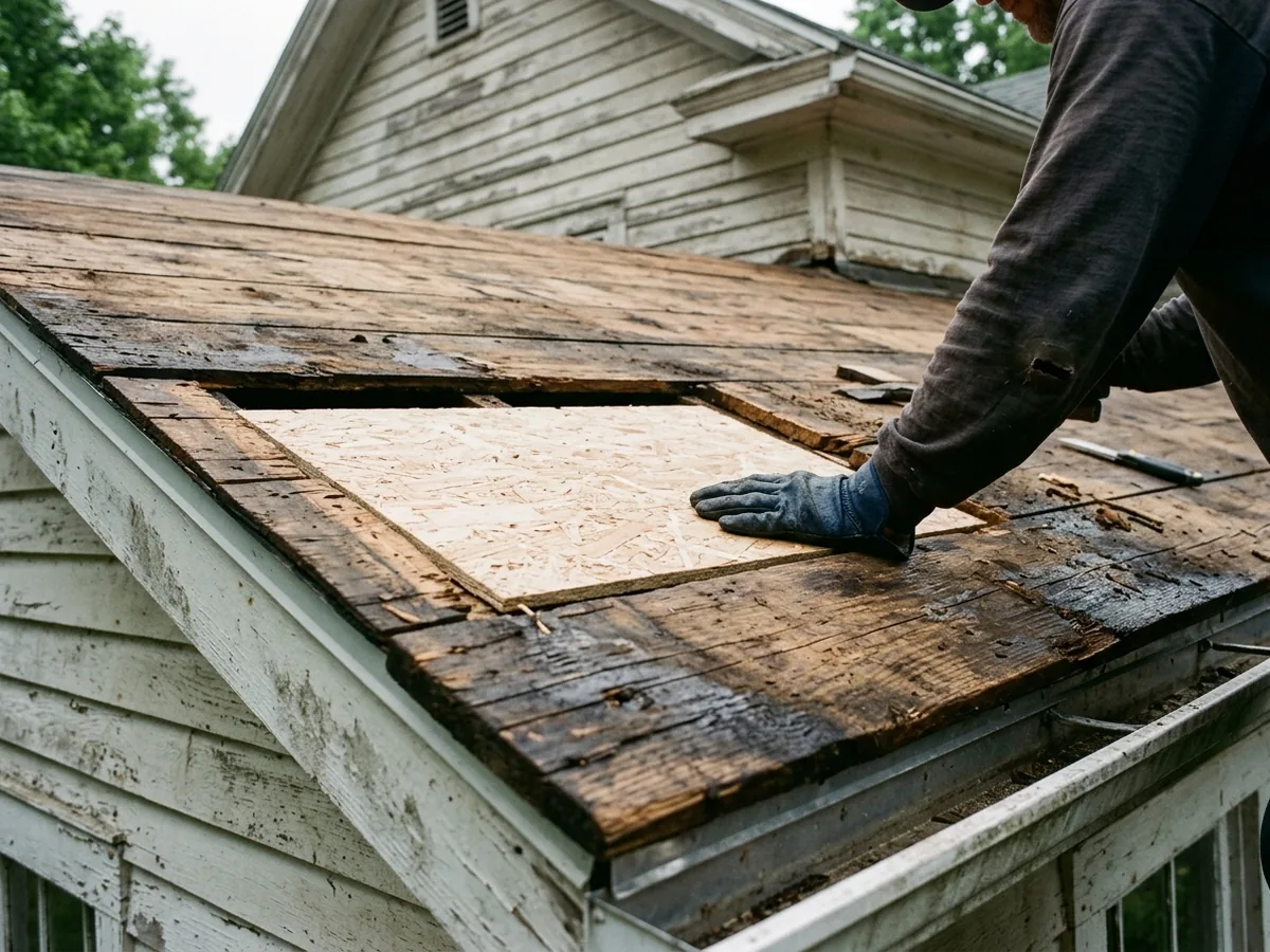 Roofer laying a new sheet of OSB sheathing where rotted roof boards were cut out near the eave
