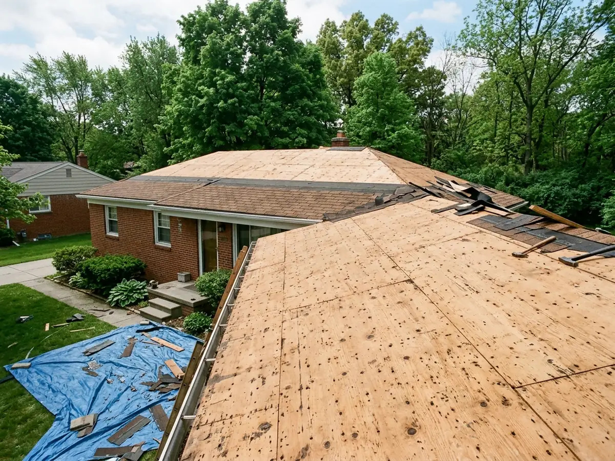 Bare plywood roof deck exposed after shingle tear-off on a brick house, a few old shingles still on the far slope
