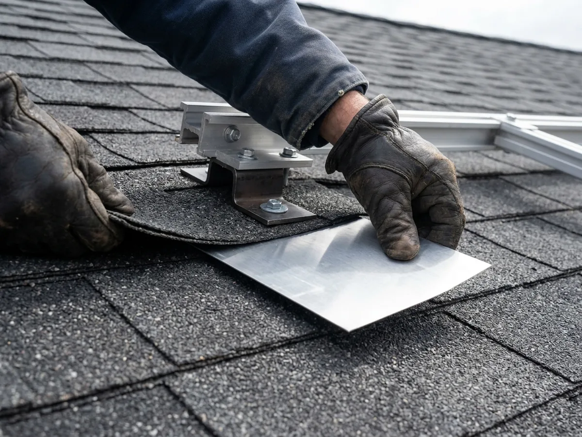 Gloved hands sliding an aluminum flashing plate under a course of dark asphalt shingles around a solar racking mount