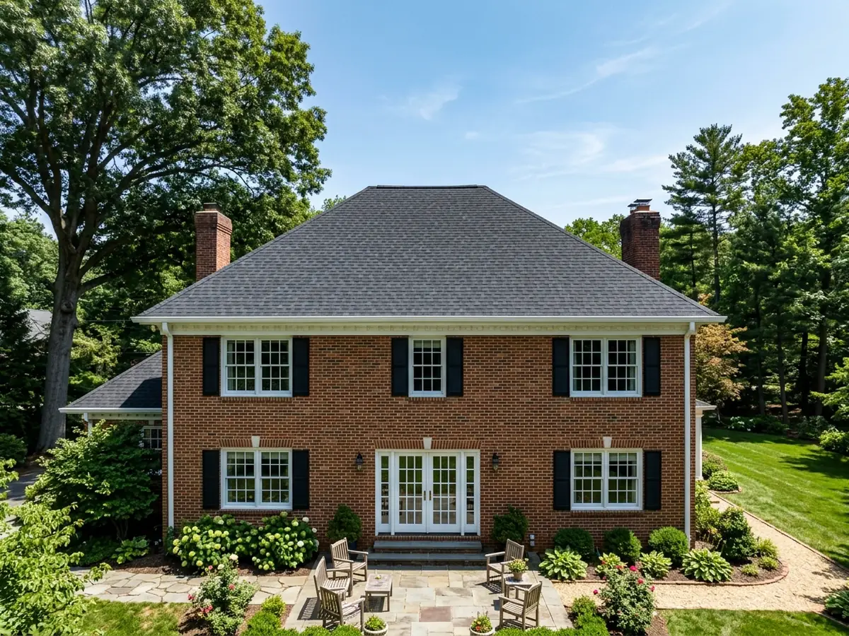 Brick colonial with a new dark shingle roof and a clear south-facing slope ready for solar racking, oaks beside it