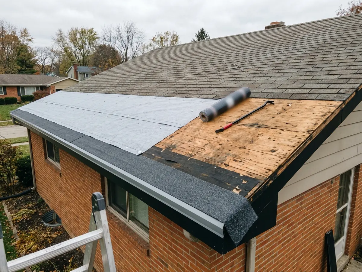 Brick ranch house mid tear-off: bare plywood deck, dark ice and water shield along the eave and grey underlayment above it