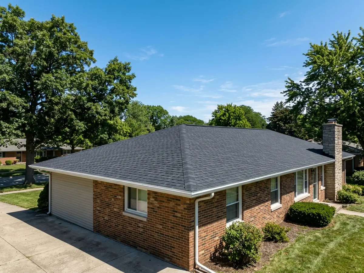 Shingle-over ridge vent running continuously along the peak of a dark asphalt roof on a brick ranch house