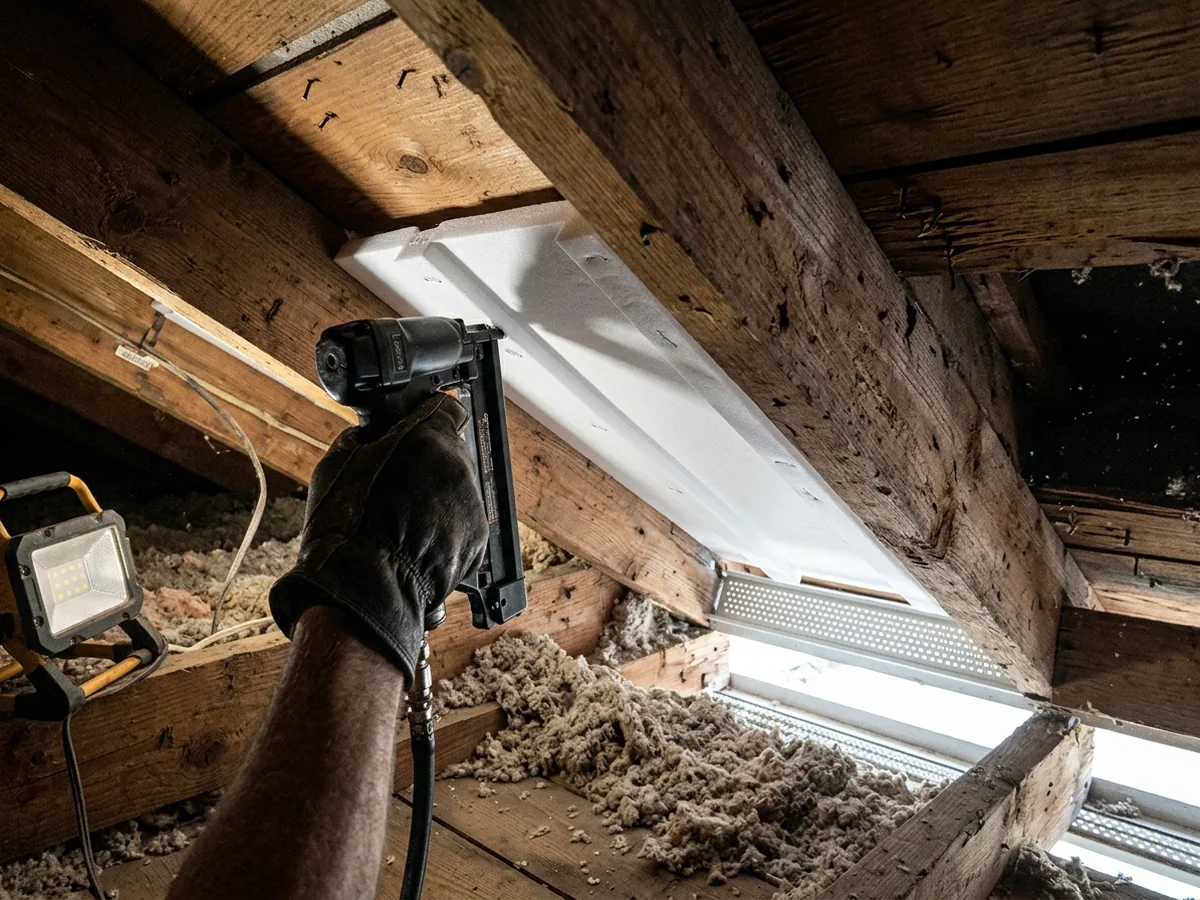 Gloved hand stapling a foam rafter baffle between attic rafters above a vented soffit, insulation pulled back