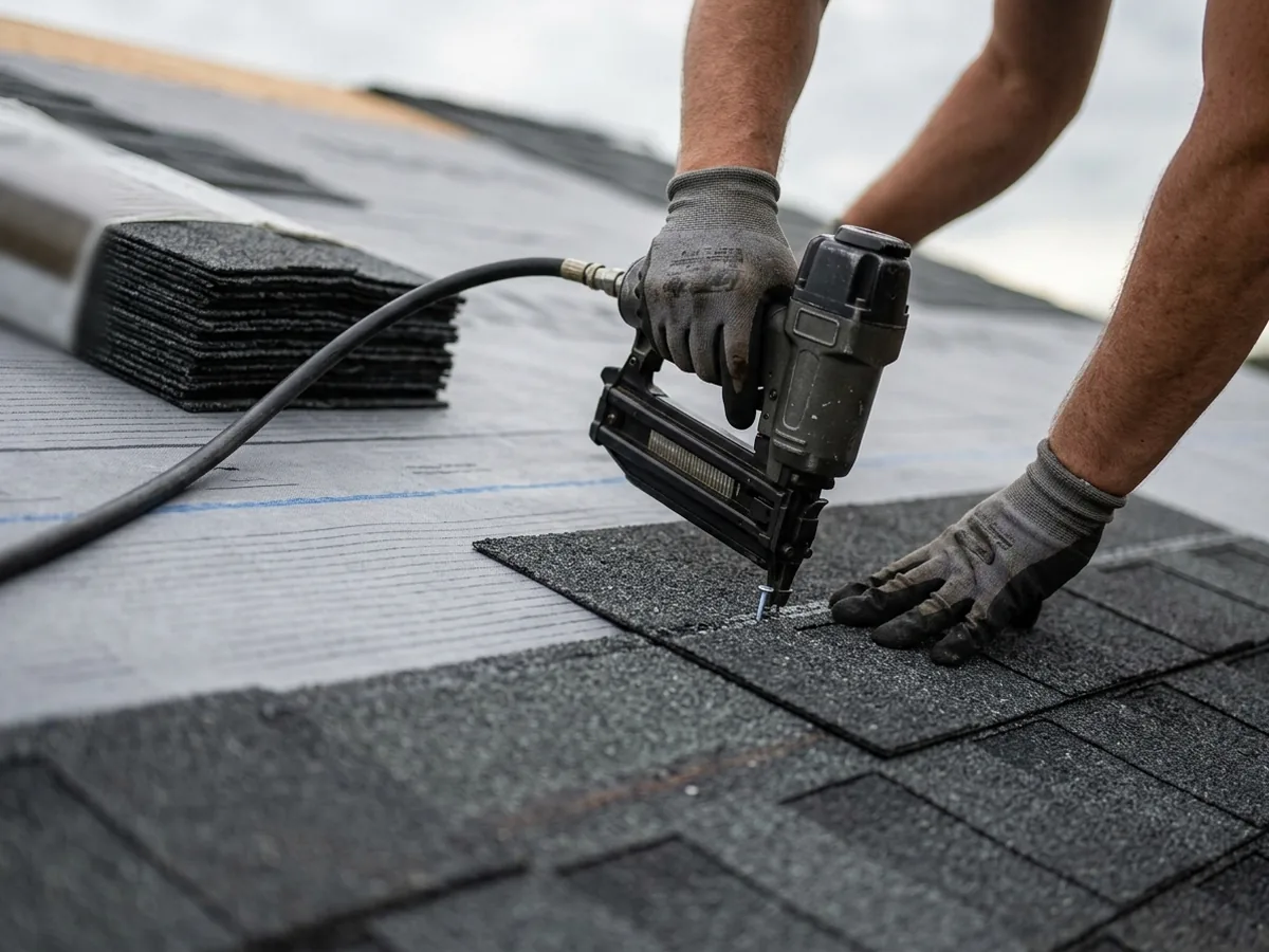 Gloved hands nailing a dark grey architectural shingle over synthetic underlayment with a roofing nailer