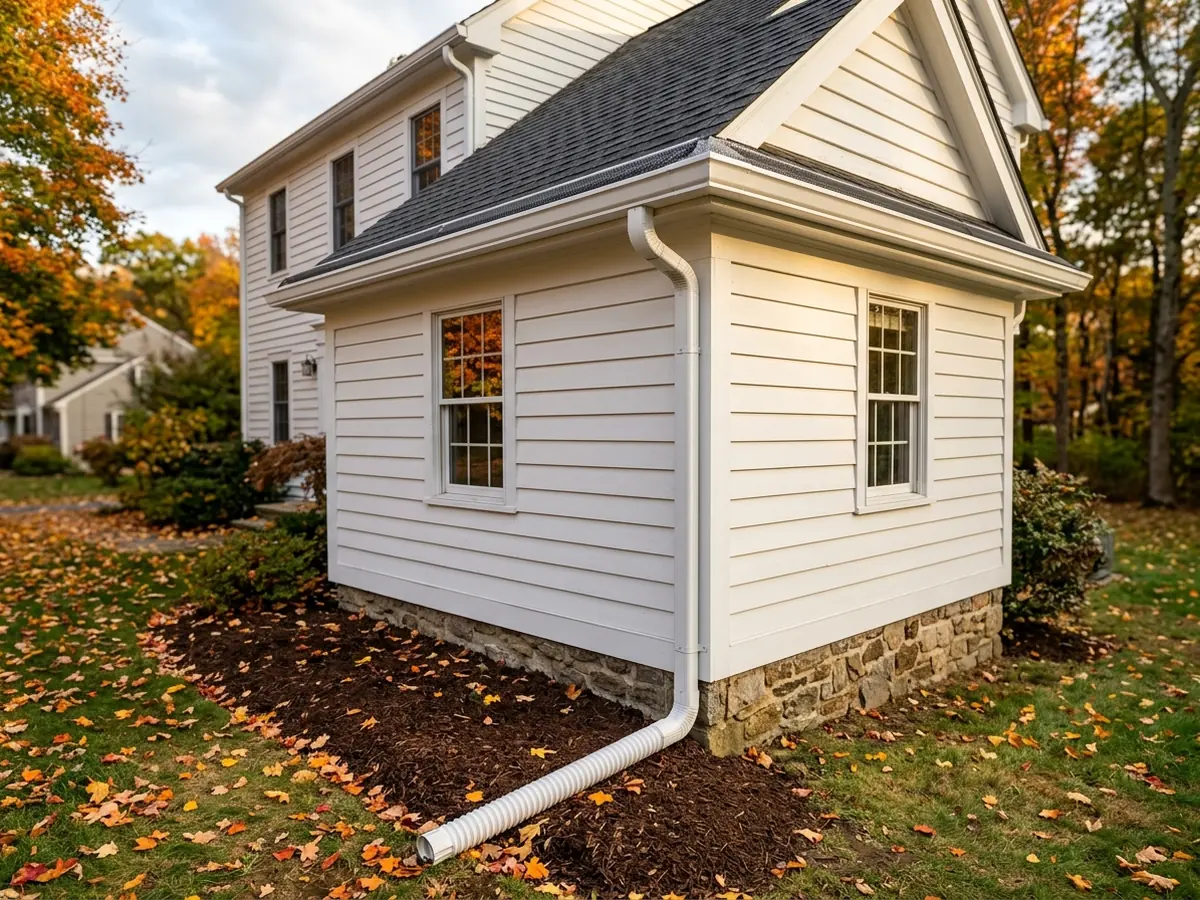 Corner of a white two-story house with seamless white aluminum gutters and a downspout extension carrying water away from the foundation